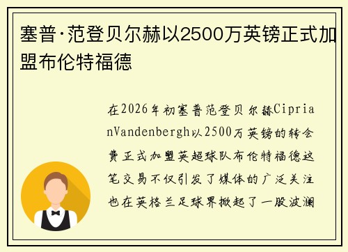 塞普·范登贝尔赫以2500万英镑正式加盟布伦特福德